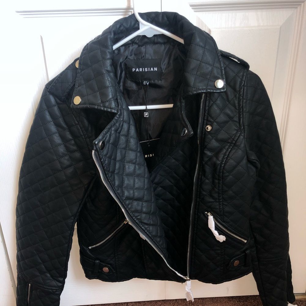 Black Faux Leather Quilted Biker Jacket for Women Size 8
